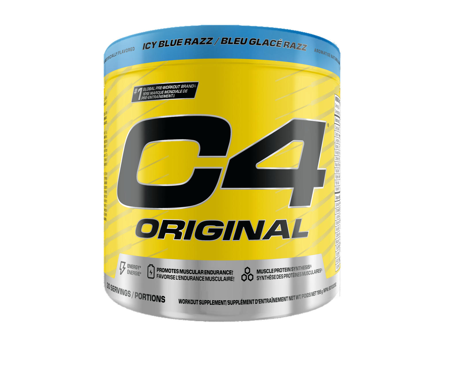 Yellow tub of Cellucor C4 Original, Icy Blue Razz flavour