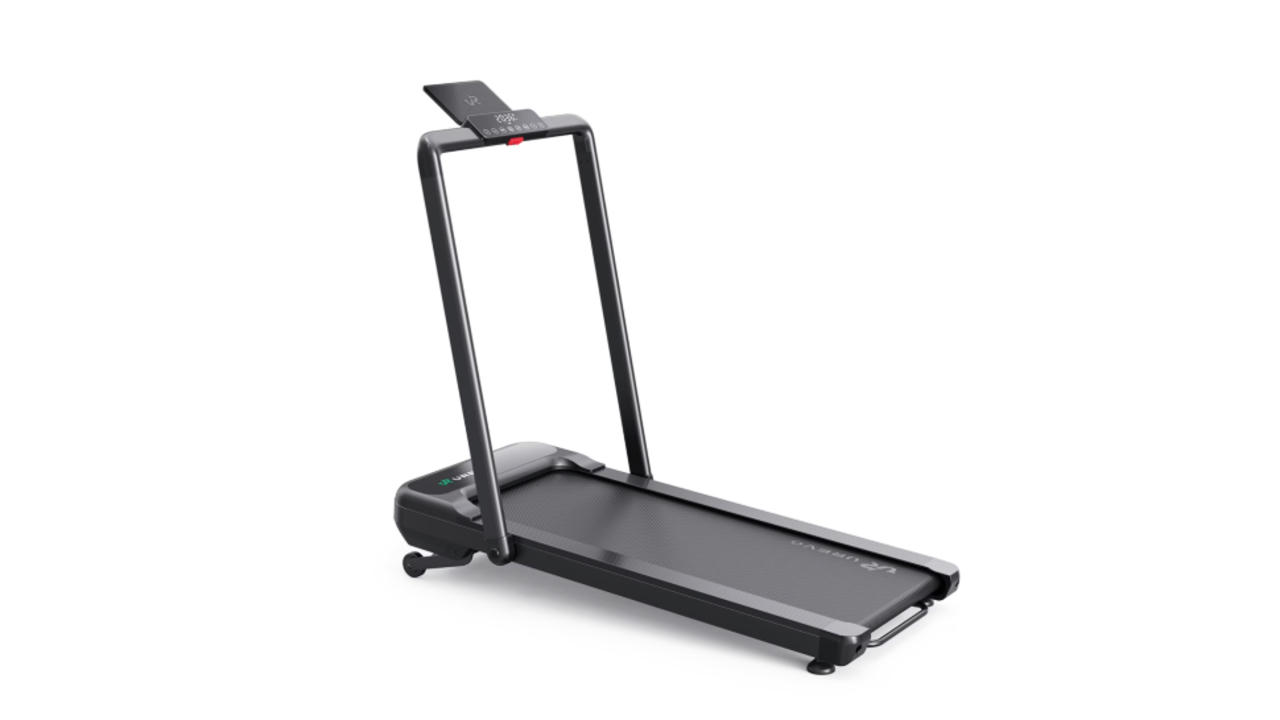 UREVO folding walking treadmill with a handle and console